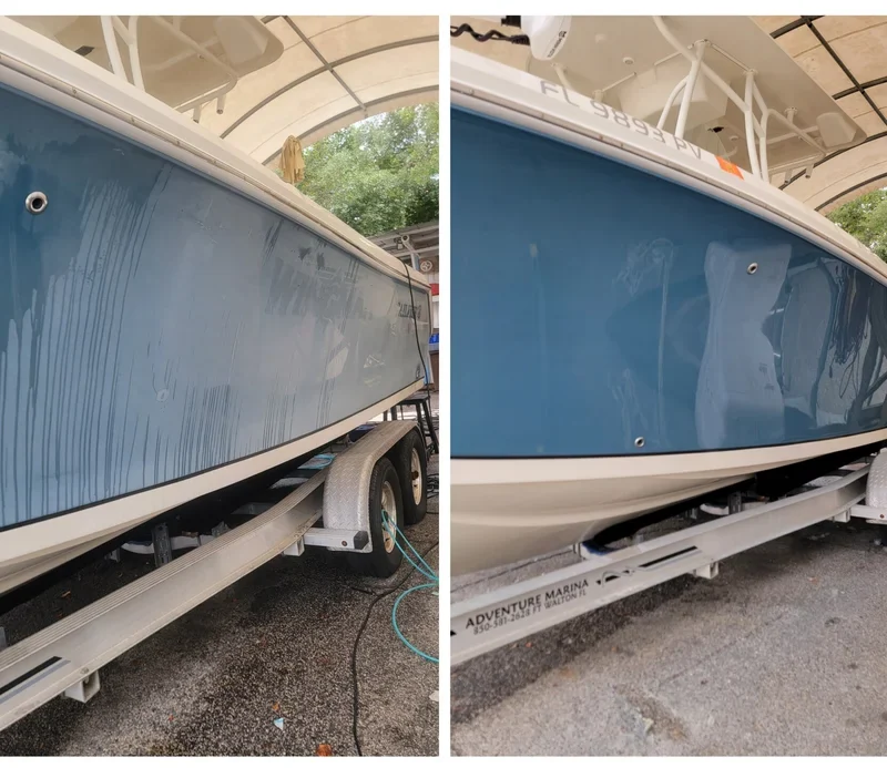 Before and after blue boat hull detailing and polishing work
